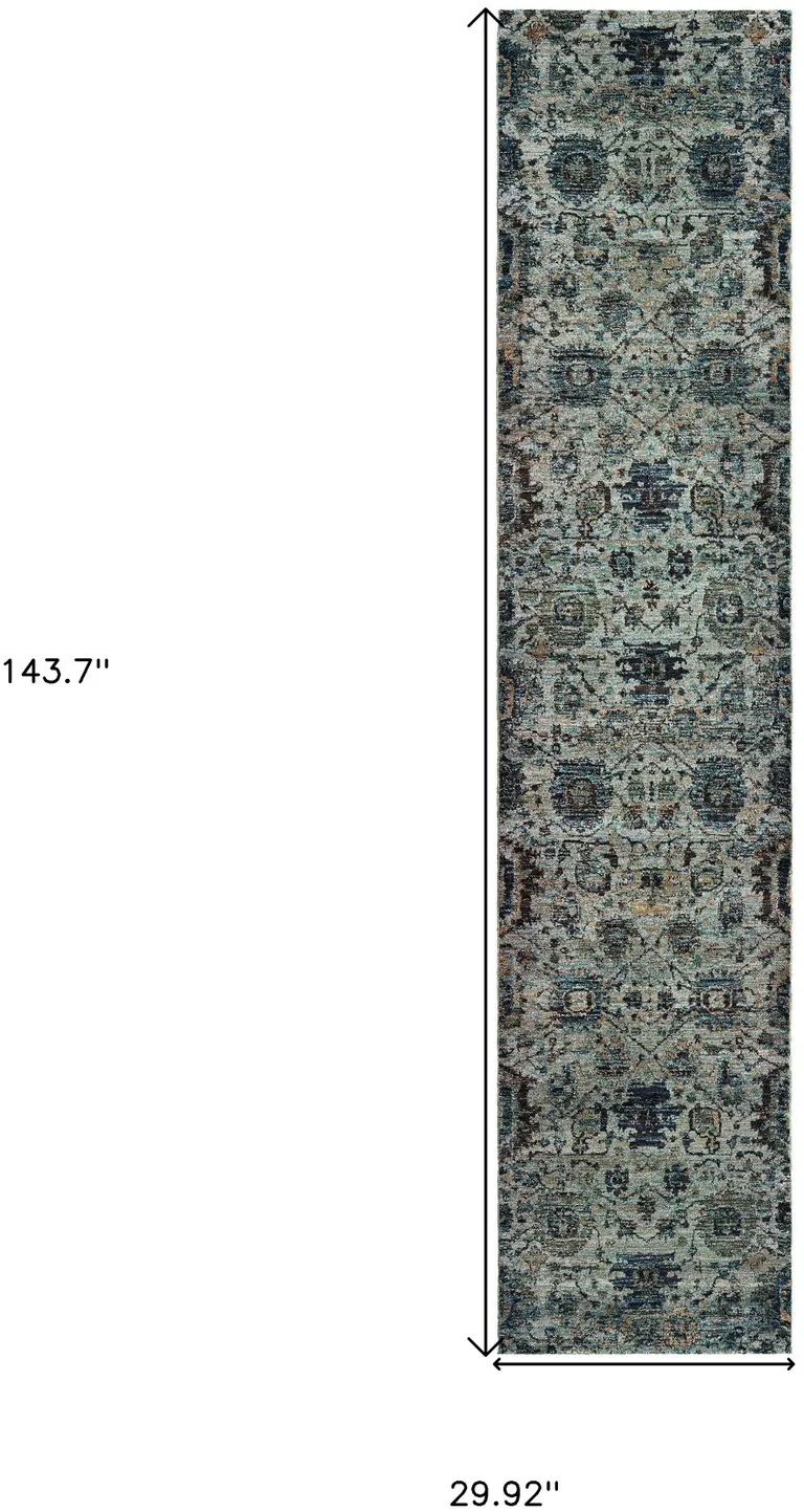 Blue And Navy Oriental Power Loom Stain Resistant Runner Rug Photo 5