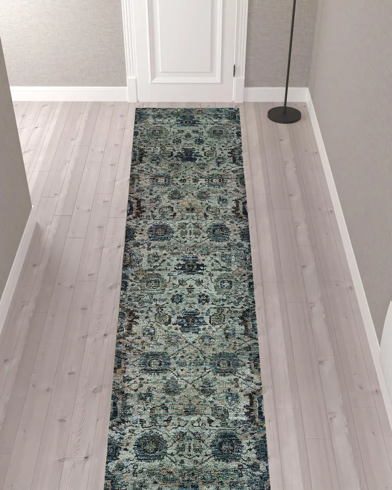 Blue And Navy Oriental Power Loom Stain Resistant Runner Rug Photo 2