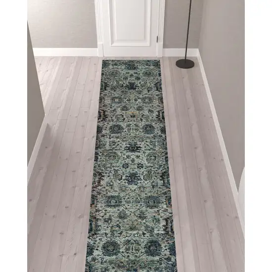 Blue And Navy Oriental Power Loom Stain Resistant Runner Rug Photo 2