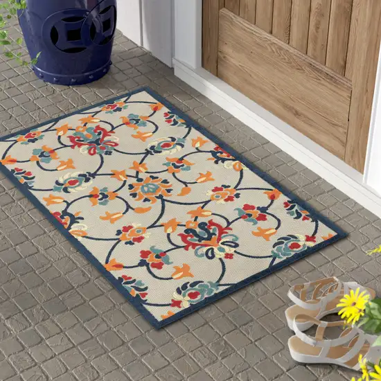 Blue And Orange Floral Non Skid Indoor Outdoor Area Rug Photo 8