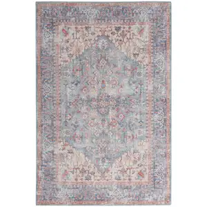 Photo of Blue And Orange Medallion Distressed Washable Area Rug