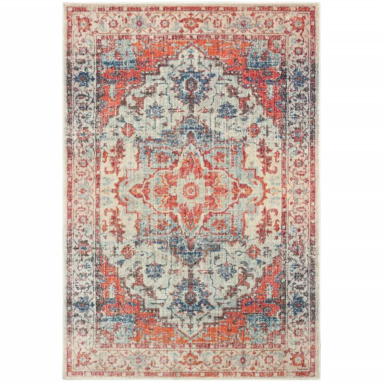 Blue And Orange Oriental Power Loom Stain Resistant Area Rug Photo 1