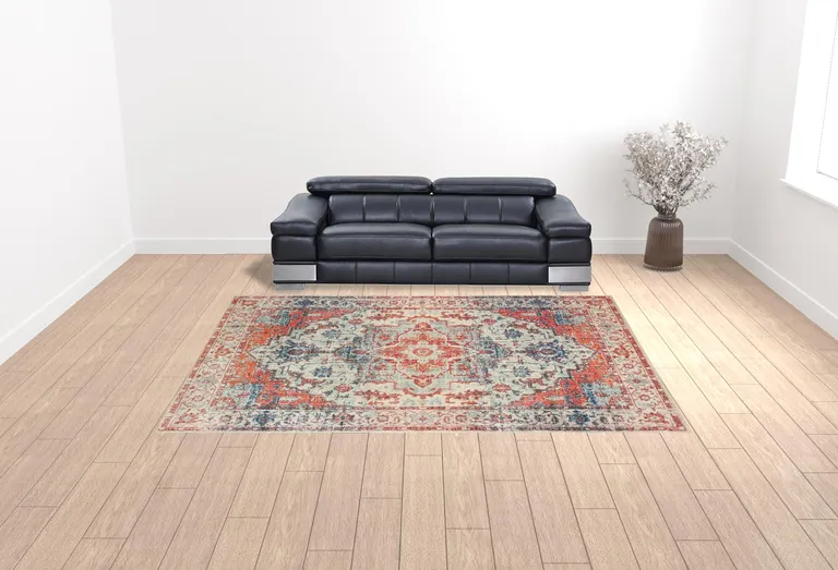 Blue And Orange Oriental Power Loom Stain Resistant Area Rug Photo 2