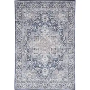 Photo of Blue And Pink Floral Power Loom Distressed Washable Area Rug