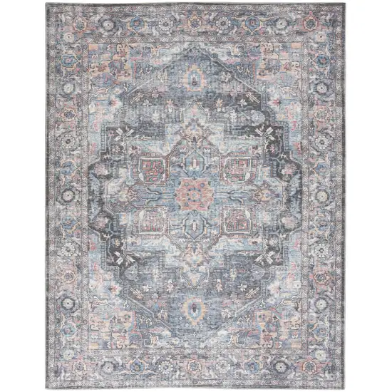 Blue And Pink Floral Power Loom Distressed Washable Area Rug Photo 1