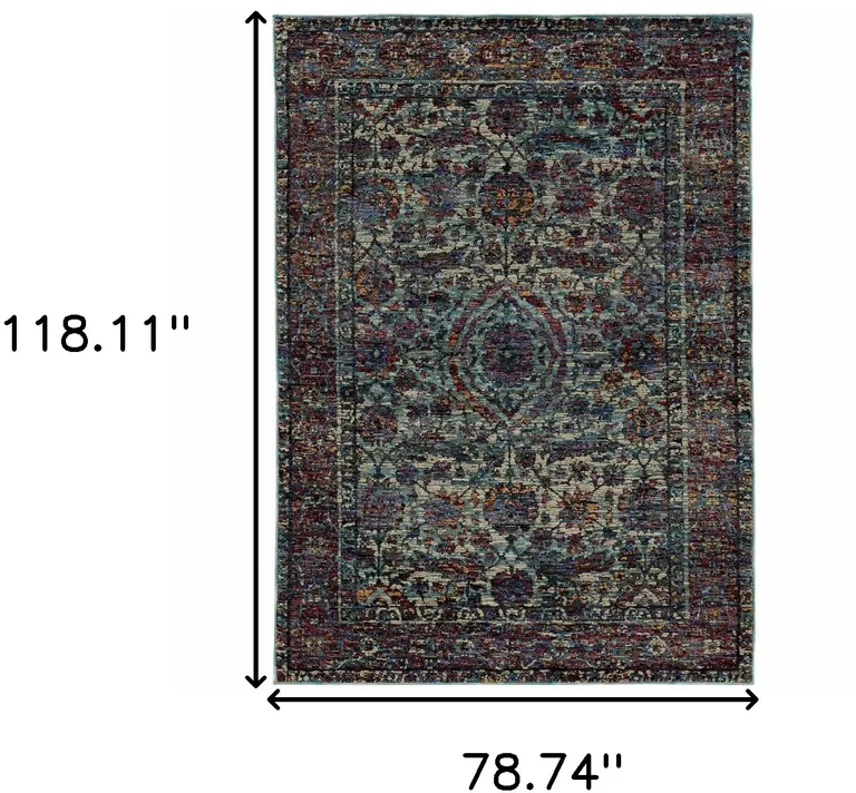 Blue And Purple Oriental Power Loom Stain Resistant Area Rug Photo 5