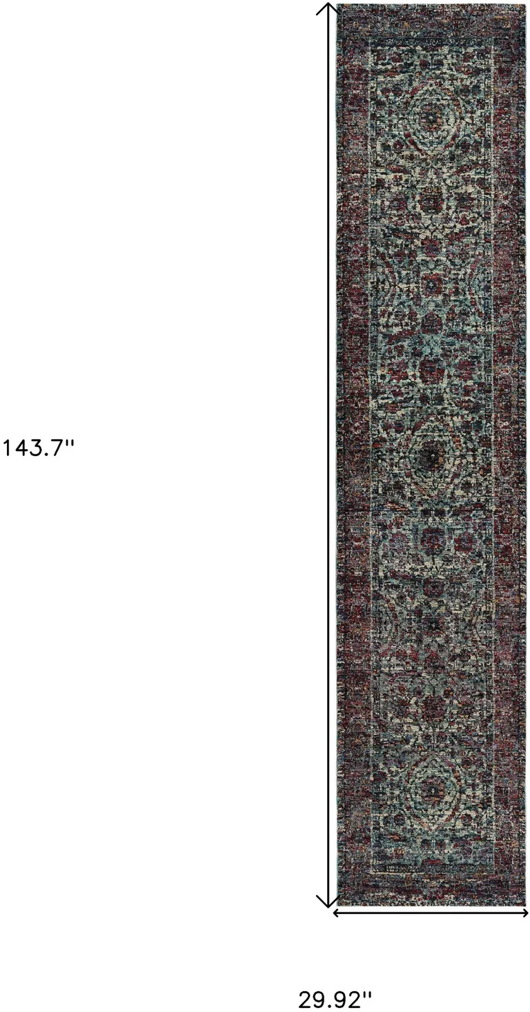 Blue And Purple Oriental Power Loom Stain Resistant Runner Rug Photo 5