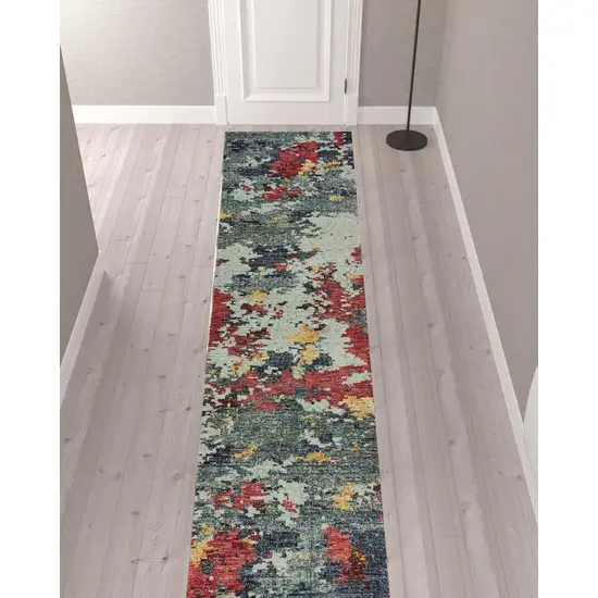 Blue And Red Abstract Power Loom Stain Resistant Runner Rug Photo 2