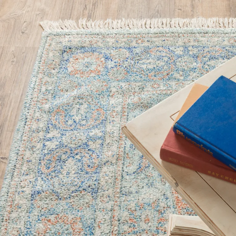 Blue And Red Oriental Hand Loomed Stain Resistant Runner Rug With Fringe Photo 5