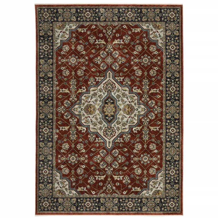 Blue And Red Oriental Power Loom Area Rug With Fringe Photo 1