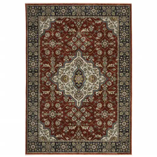 Blue And Red Oriental Power Loom Area Rug With Fringe Photo 1