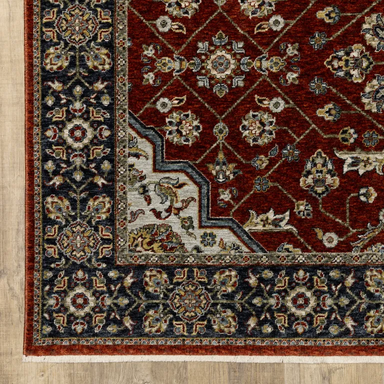 Blue And Red Oriental Power Loom Area Rug With Fringe Photo 2