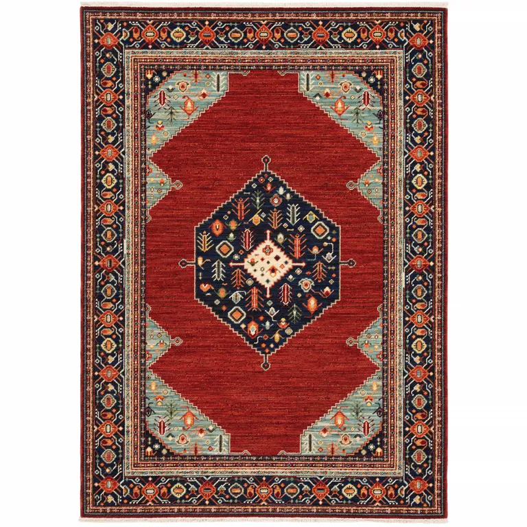 Blue And Red Oriental Power Loom Area Rug With Fringe Photo 1