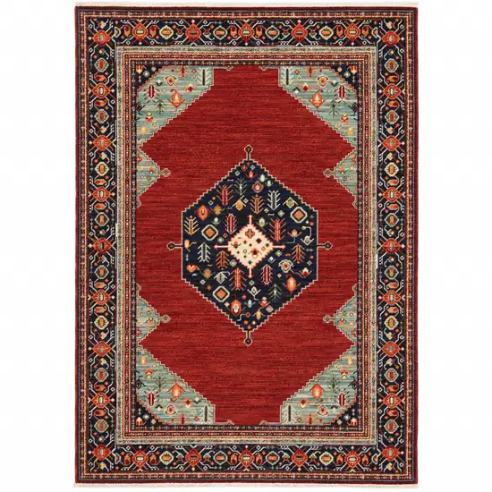 Blue And Red Oriental Power Loom Area Rug With Fringe Photo 1