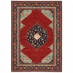 Photo of Blue And Red Oriental Power Loom Area Rug With Fringe