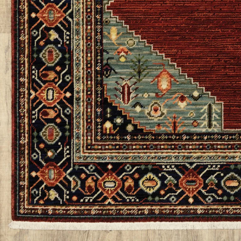 Blue And Red Oriental Power Loom Area Rug With Fringe Photo 5