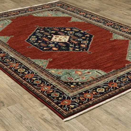 Blue And Red Oriental Power Loom Area Rug With Fringe Photo 8