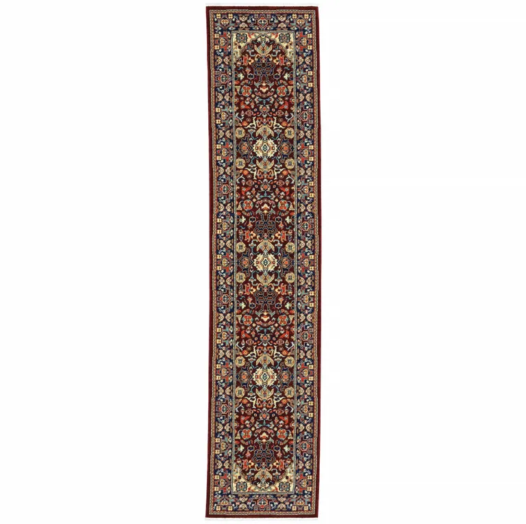 Blue And Red Oriental Power Loom Runner Rug With Fringe Photo 1