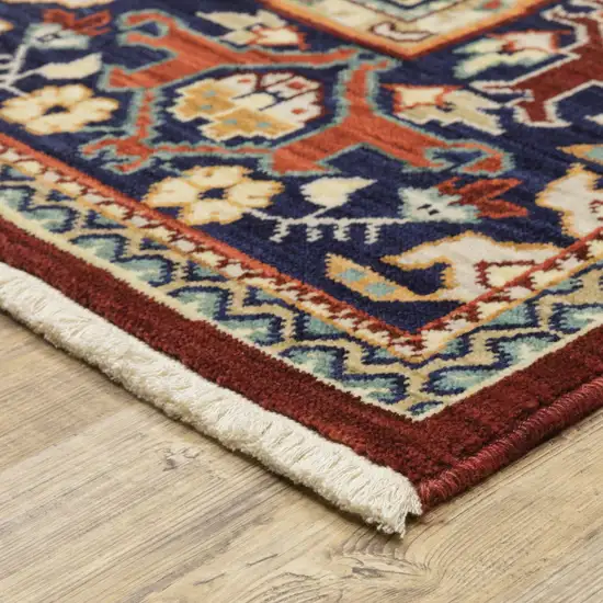 Blue And Red Oriental Power Loom Runner Rug With Fringe Photo 7