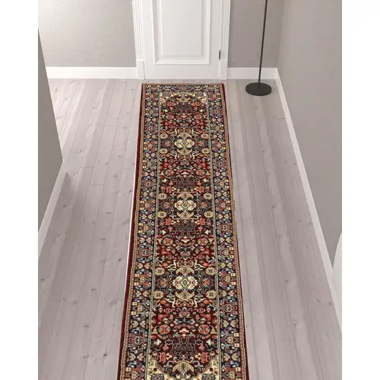 Blue And Red Oriental Power Loom Runner Rug With Fringe Photo 2