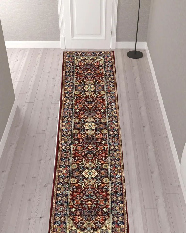 Blue And Red Oriental Power Loom Runner Rug With Fringe Photo 2