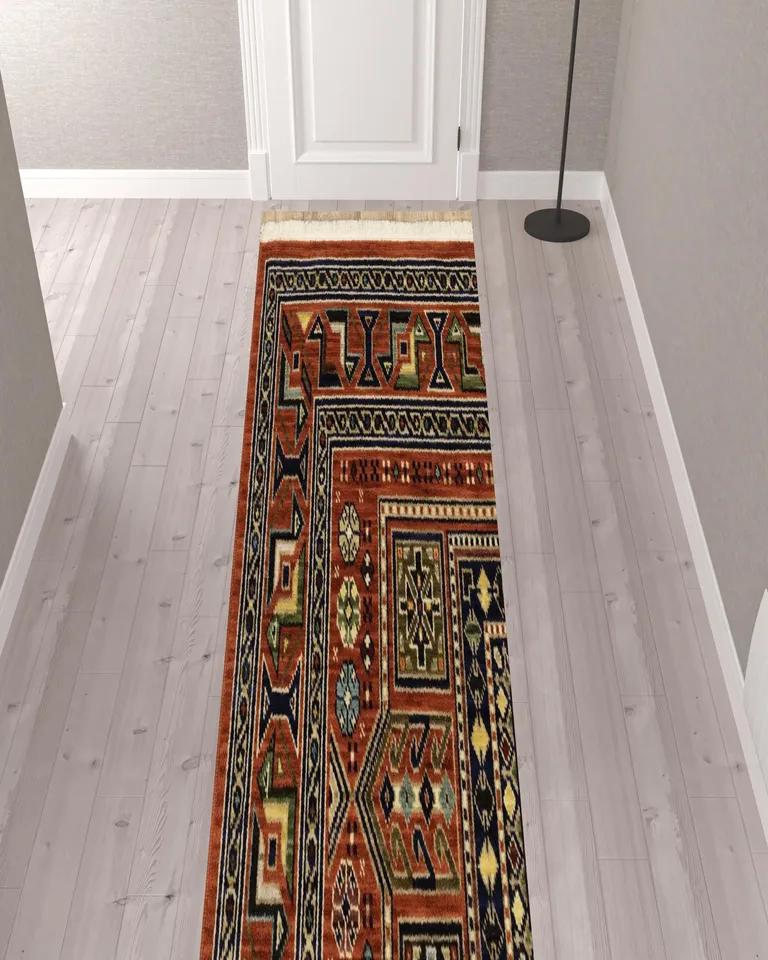 Blue And Red Oriental Power Loom Runner Rug With Fringe Photo 2