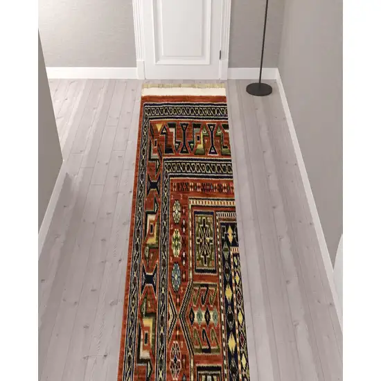 Blue And Red Oriental Power Loom Runner Rug With Fringe Photo 3