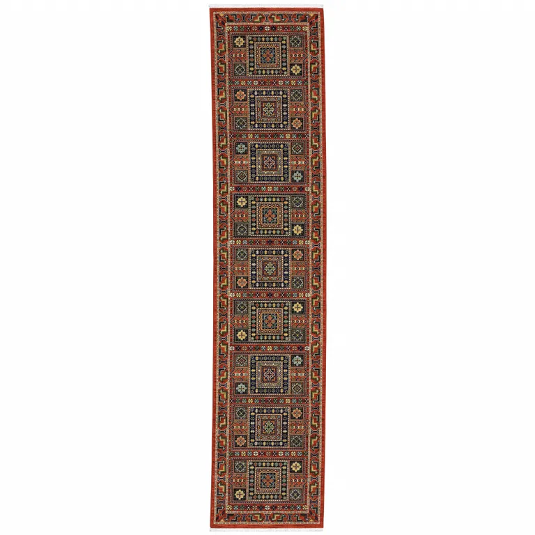 Blue And Red Oriental Power Loom Runner Rug With Fringe Photo 1