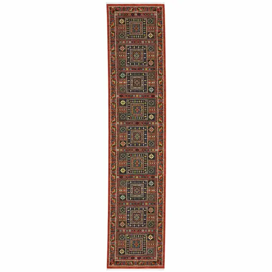 Blue And Red Oriental Power Loom Runner Rug With Fringe Photo 2