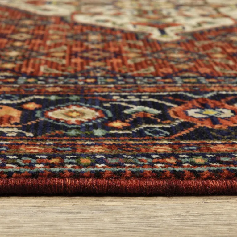 Blue And Red Oriental Power Loom Runner Rug With Fringe Photo 4