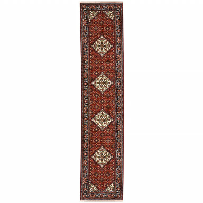 Blue And Red Oriental Power Loom Runner Rug With Fringe Photo 1