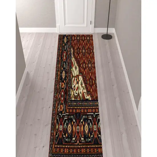 Blue And Red Oriental Power Loom Runner Rug With Fringe Photo 4