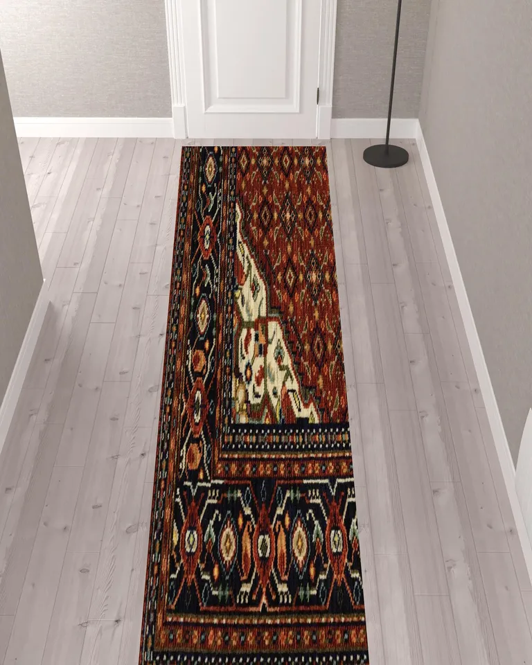 Blue And Red Oriental Power Loom Runner Rug With Fringe Photo 3