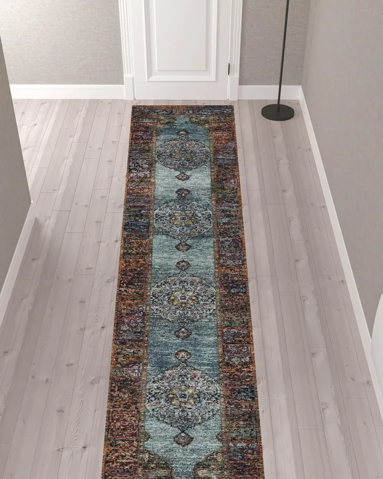 Blue And Red Oriental Power Loom Runner Rug Photo 2