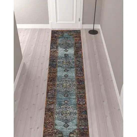 Blue And Red Oriental Power Loom Runner Rug Photo 2