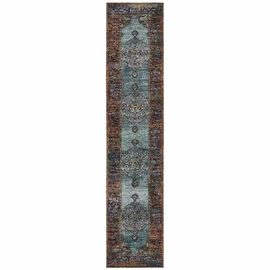 Blue And Red Oriental Power Loom Runner Rug Photo 1