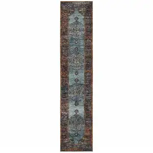 Photo of Blue And Red Oriental Power Loom Runner Rug