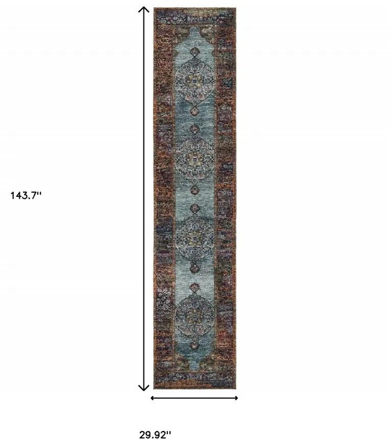 Blue And Red Oriental Power Loom Runner Rug Photo 5