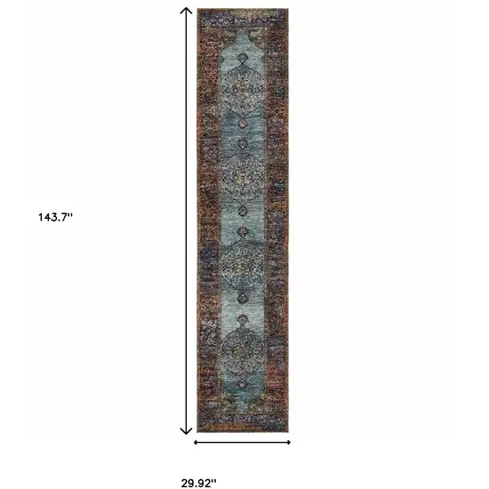 Blue And Red Oriental Power Loom Runner Rug Photo 5