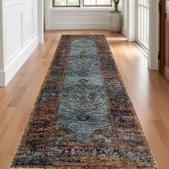 12' Runner Blue and Red Oriental Power Loom Runner Rug Photo 1