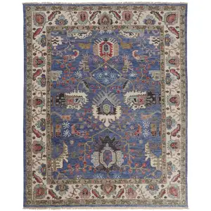 Photo of Blue And Red Wool Floral Hand Knotted Stain Resistant Area Rug