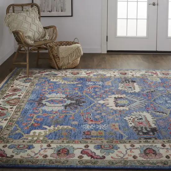 Blue And Red Wool Floral Hand Knotted Stain Resistant Area Rug Photo 8