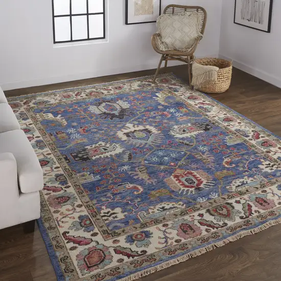 Blue And Red Wool Floral Hand Knotted Stain Resistant Area Rug Photo 3