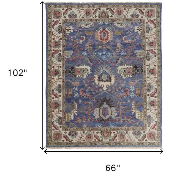 Blue And Red Wool Floral Hand Knotted Stain Resistant Area Rug Photo 4