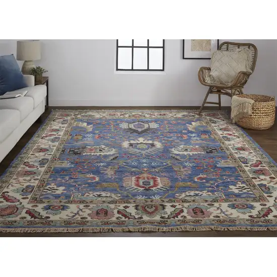 Blue And Red Wool Floral Hand Knotted Stain Resistant Area Rug Photo 2