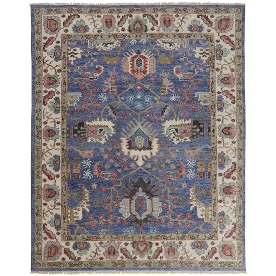 Blue And Red Wool Floral Hand Knotted Stain Resistant Area Rug Photo 1