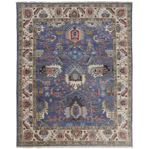 Photo of Blue And Red Wool Floral Hand Knotted Stain Resistant Area Rug