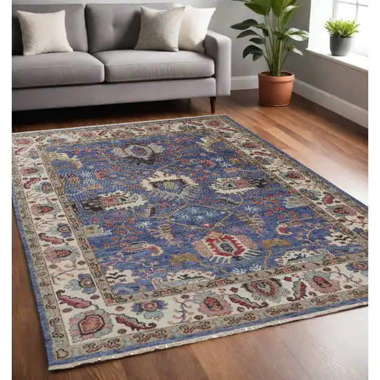 Blue And Red Wool Floral Hand Knotted Stain Resistant Area Rug Photo 1