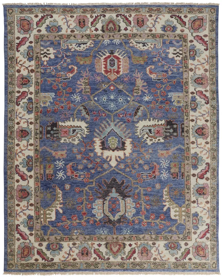 Blue And Red Wool Floral Hand Knotted Stain Resistant Area Rug Photo 1