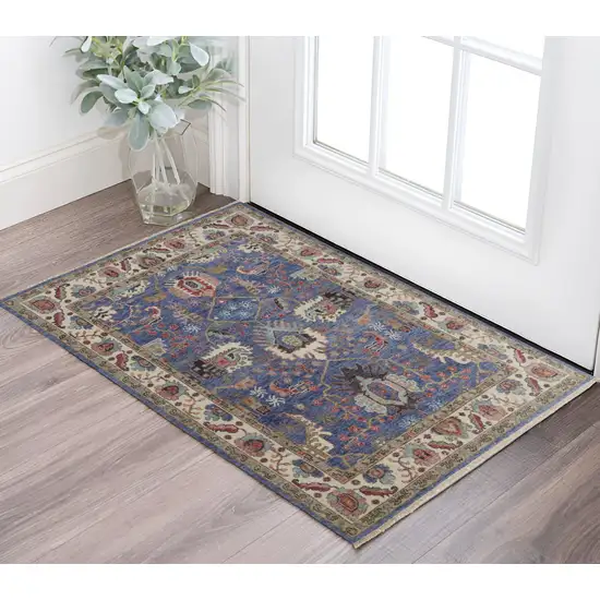 Blue and Beige Wool Floral Hand Knotted Area Rug Photo 1